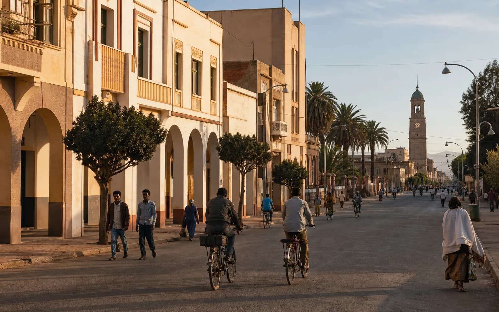 Cyclists and pedestrians on a sunlit avenue in central Asmara