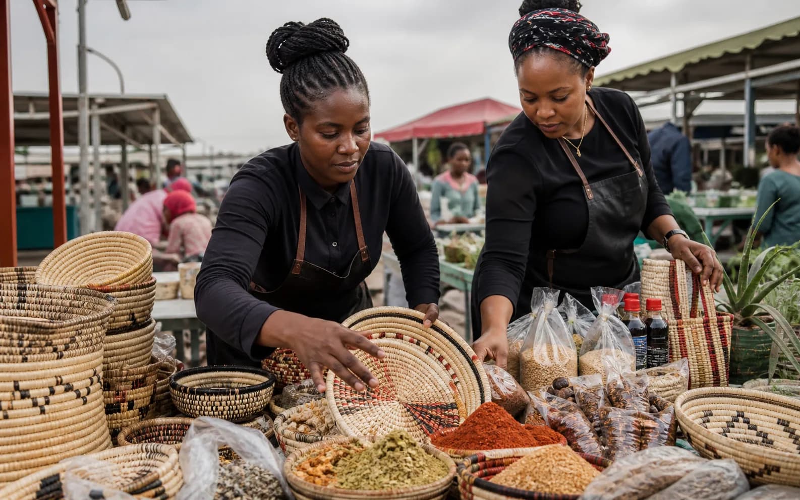 Two market traders arrange woven baskets and spices at their stall
