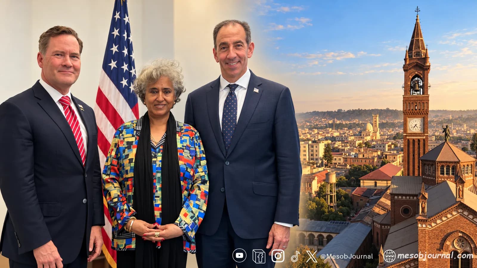 Composite: Three diplomats beside a U.S. flag and Asmara’s skyline.