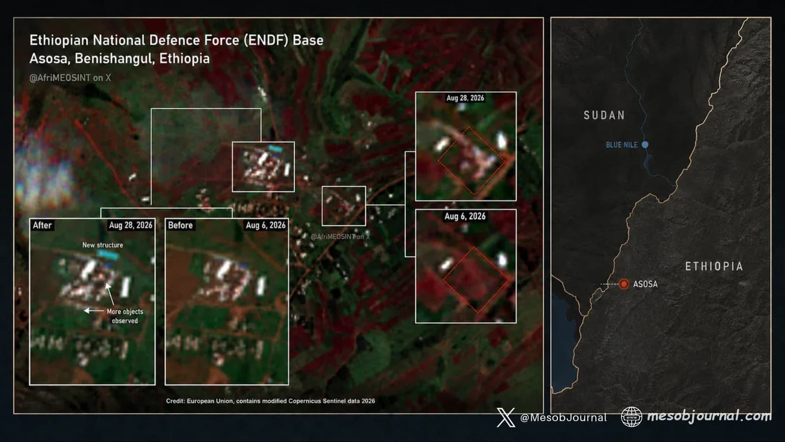 Annotated satellite imagery of the ENDF base in Asosa beside a map locating Asosa near Sudan’s Blue Nile state.