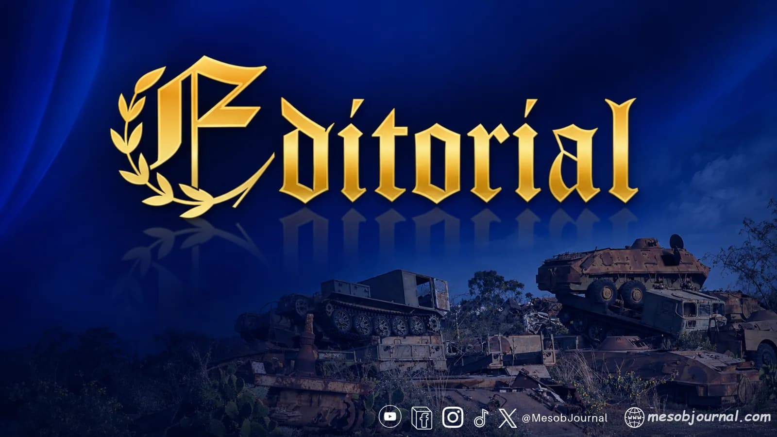 Gold “Editorial” lettering on dark blue, with Asmara’s tank cemetery subtly visible below.