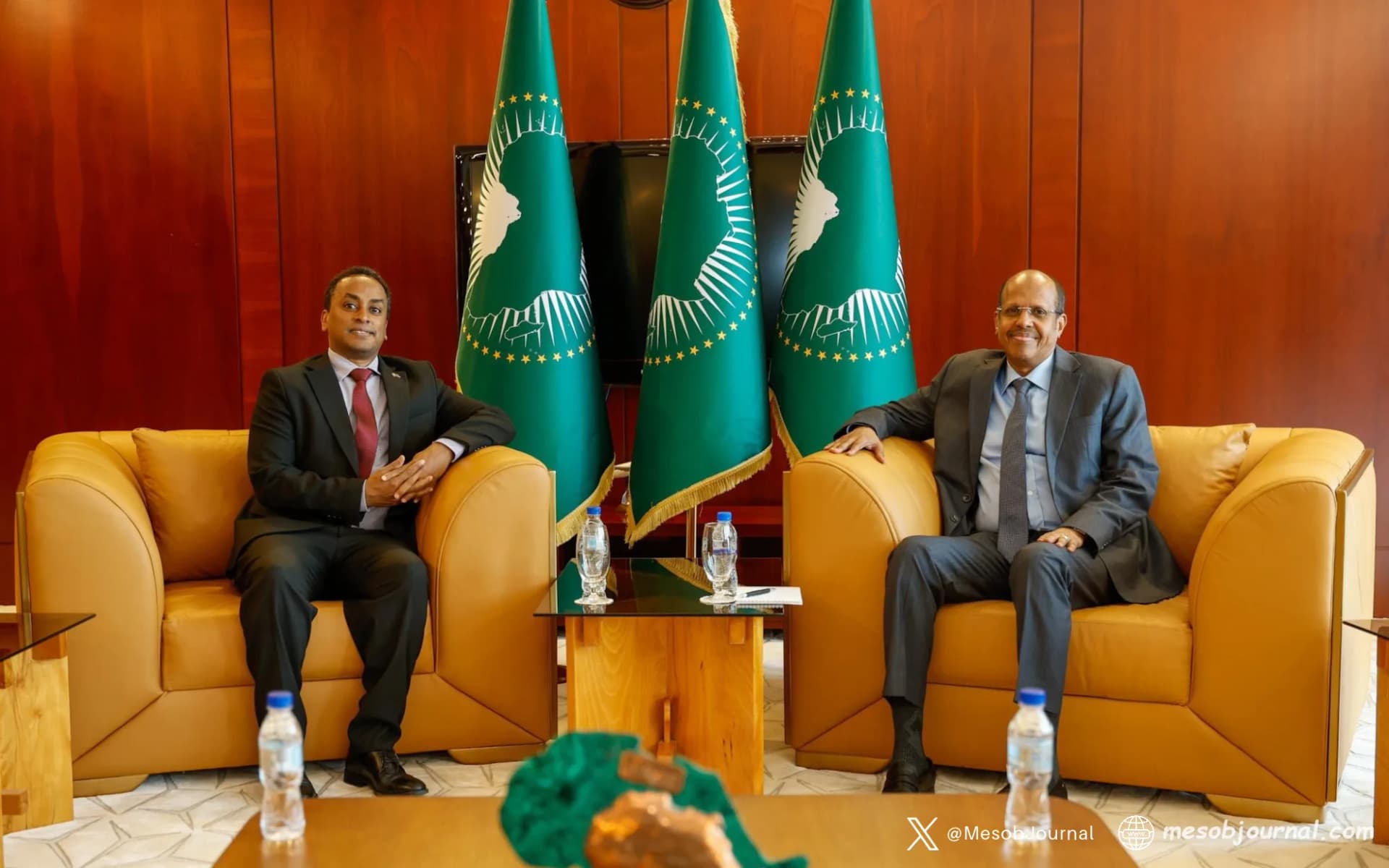 Meeting of Biniam Berhe, Eritrea's permanent representative to the AU and African Union Commission Chairperson Mahmoud Ali Youssouf.
