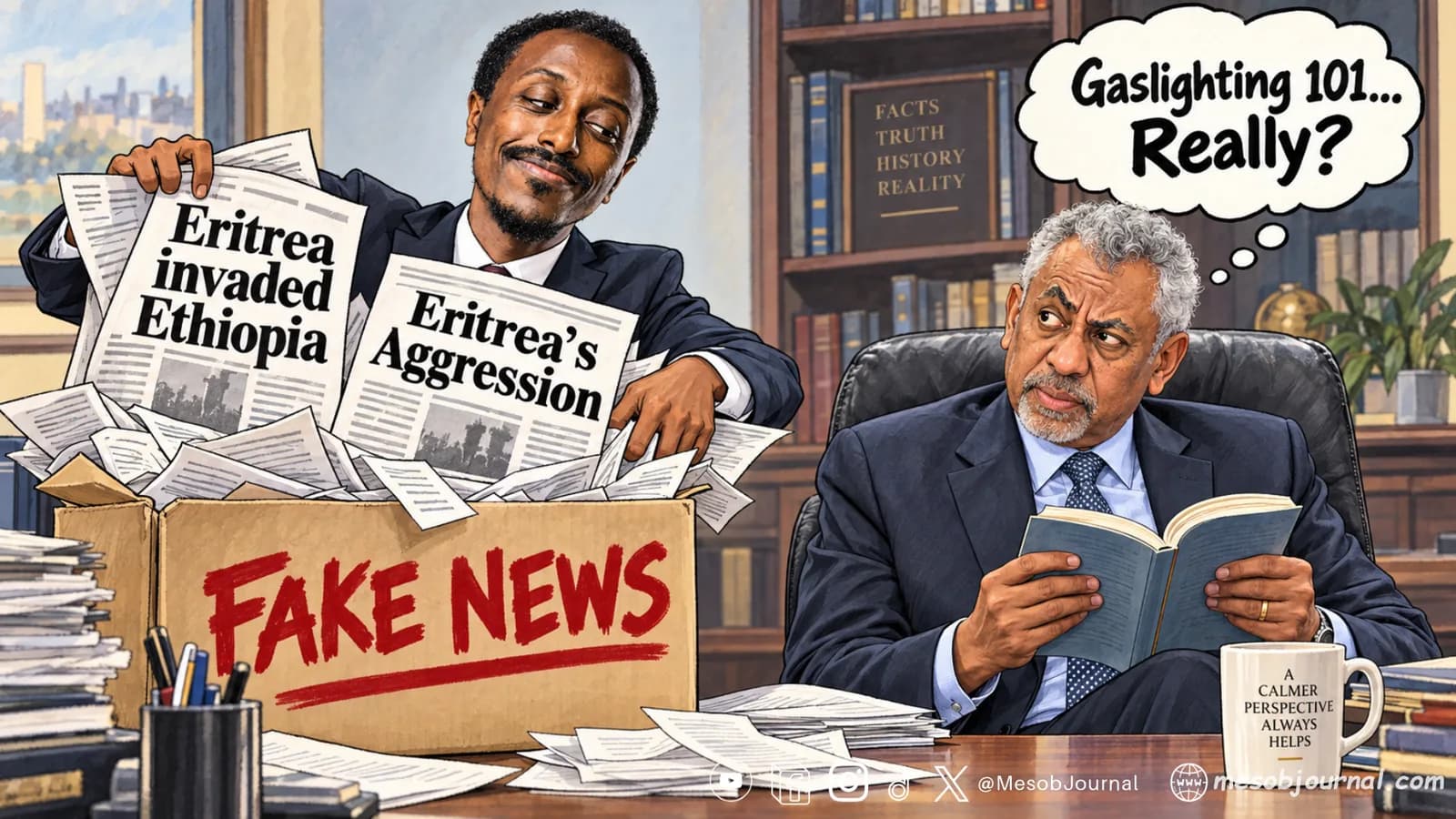 Cartoon of Ethiopia’s foreign minister collecting headlines in a “Fake News” box while Yemane G. Meskel looks on, thinking, “Gaslighting 101… Really?”