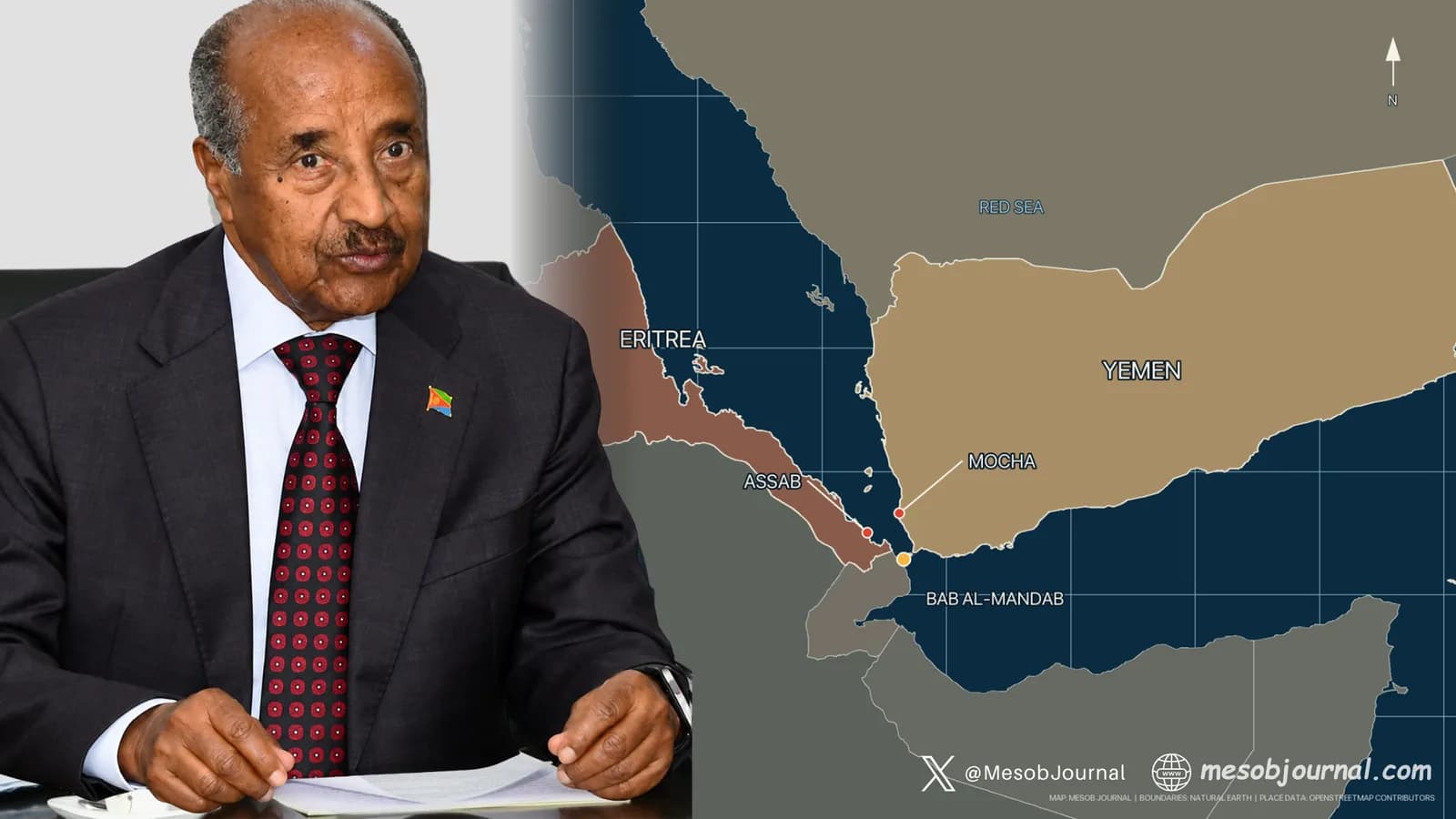 Composite: Eritrean Foreign Minister Osman Saleh in front of a locator map showing Eritrea, Yemen and Bab al-Mandab.