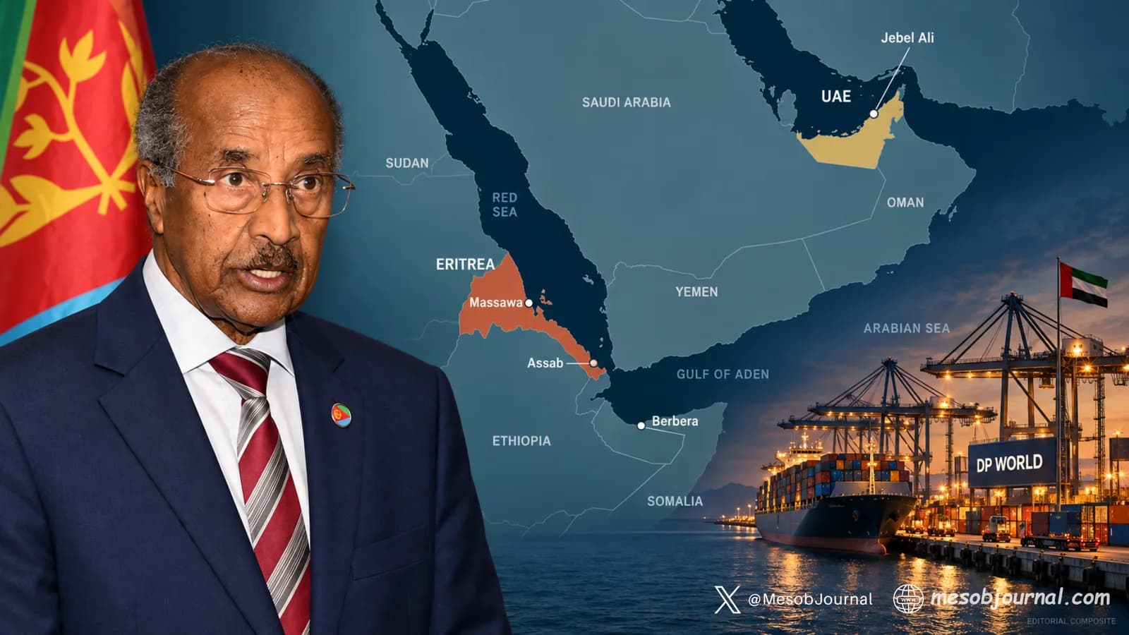 Osman Saleh beside an Eritrea–UAE locator map and illustrated DP World container terminal.