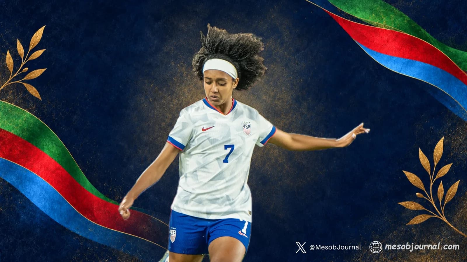 Lily Yohannes wearing a white USA number 7 jersey against a navy background with Eritrean colours and gold olive branches.