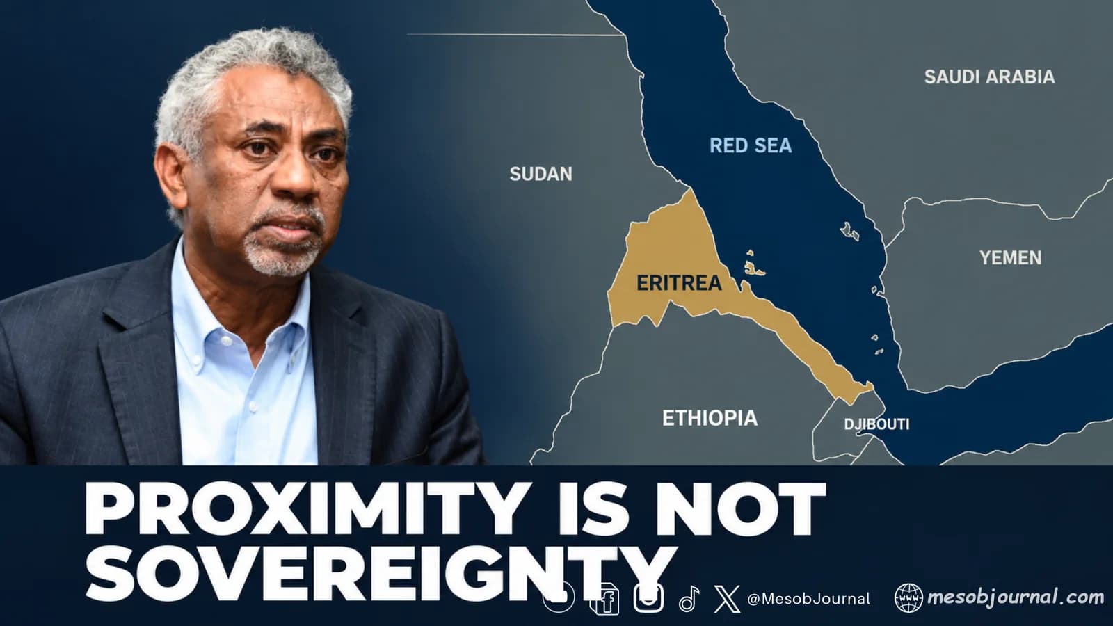Yemane G. Meskel beside a map highlighting Eritrea’s Red Sea coastline.