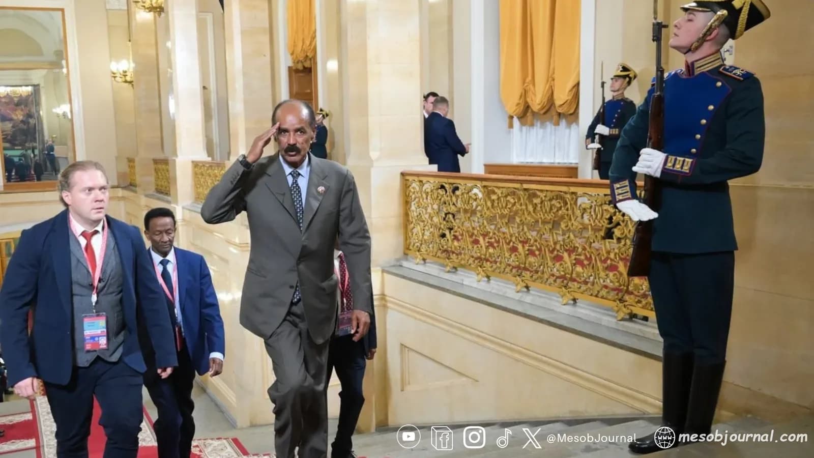 President Isaias Afwerki salutes the guard of honor during an official ceremony.