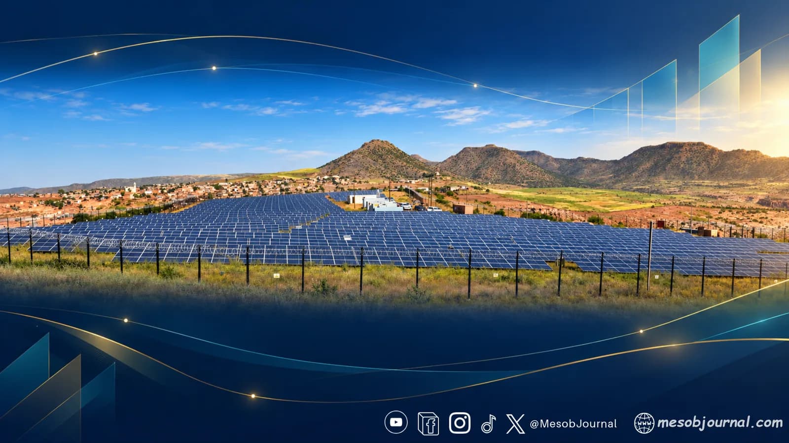 Rows of solar panels at the Areza–Maidma mini-grid project in Eritrea, with a settlement and hills behind.
