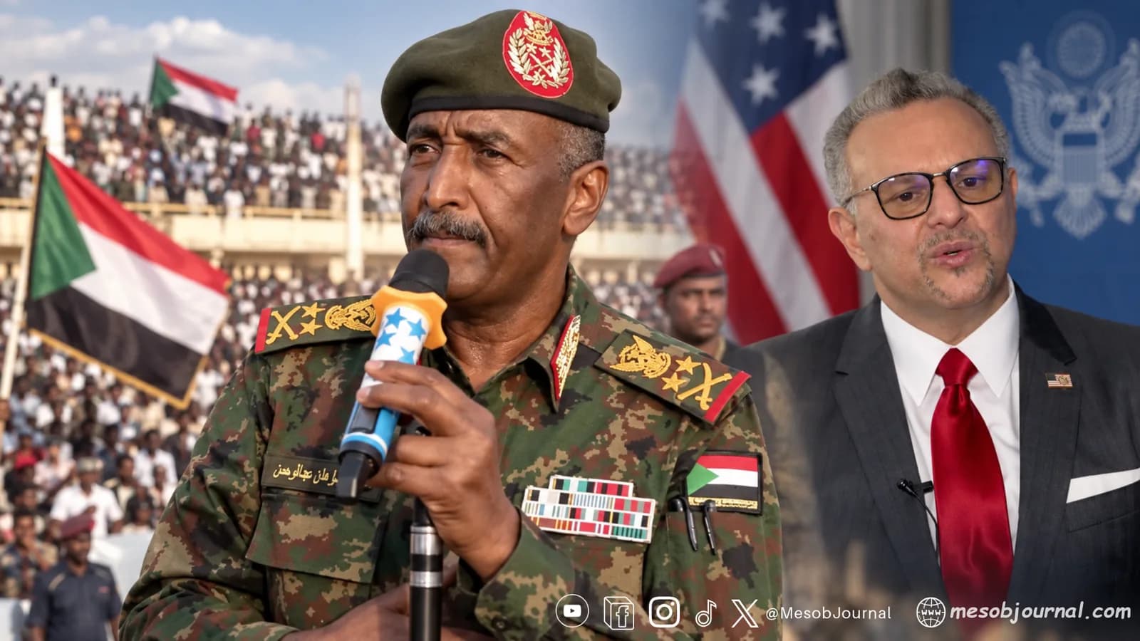 Abdel Fattah al-Burhan with a U.S. official in a Sudan diplomacy composite.