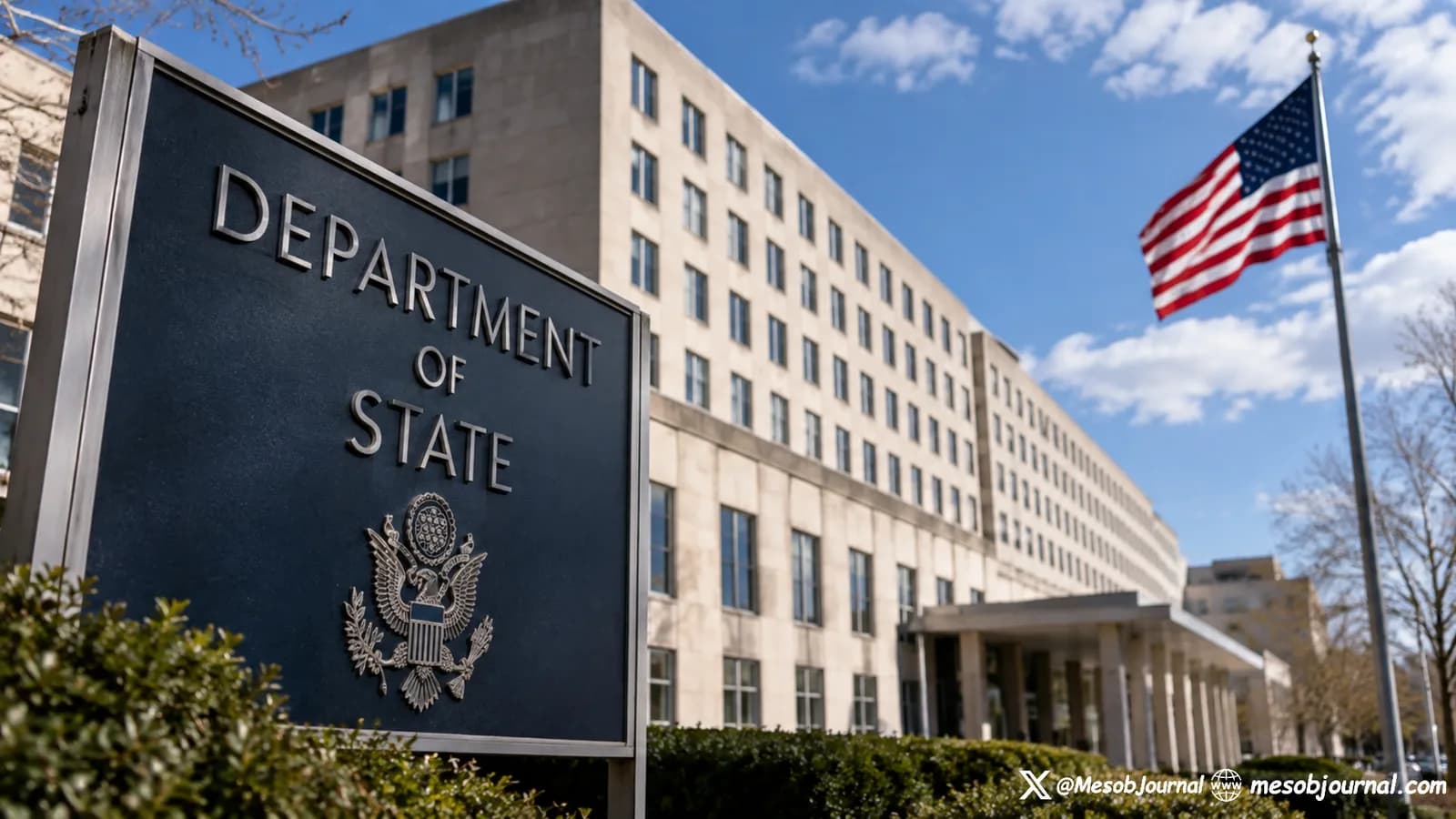 Composite: U.S. Department of State building with American flag.