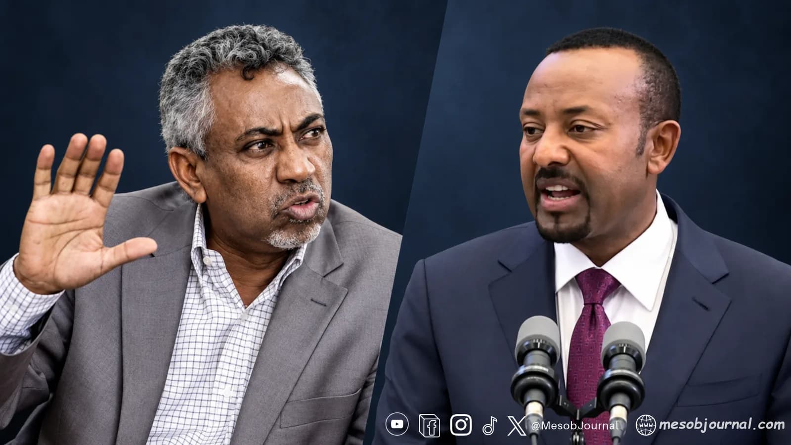 Editorial composite of Yemane G. Meskel raising an open palm beside Ethiopian Prime Minister Abiy Ahmed speaking at microphones.