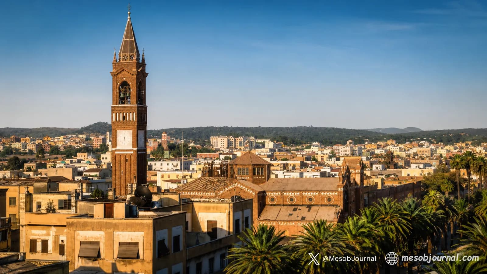 Asmara cityscape with historic cathedral tower.