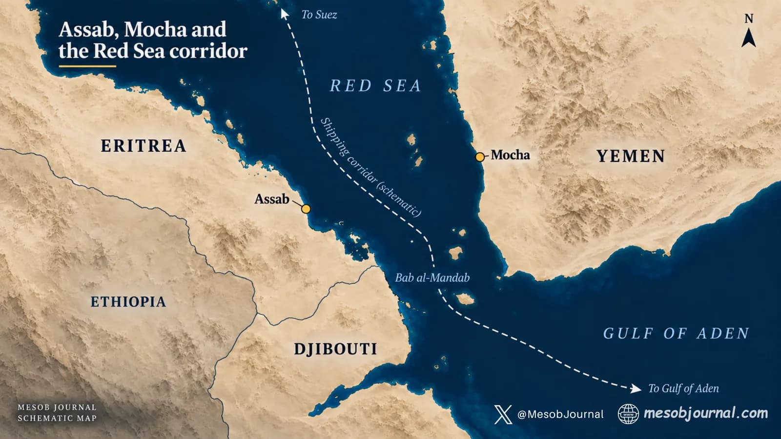Map showing Assab in Eritrea, Mocha in Yemen and the shipping corridor through Bab al-Mandab between the Red Sea and Gulf of Aden.