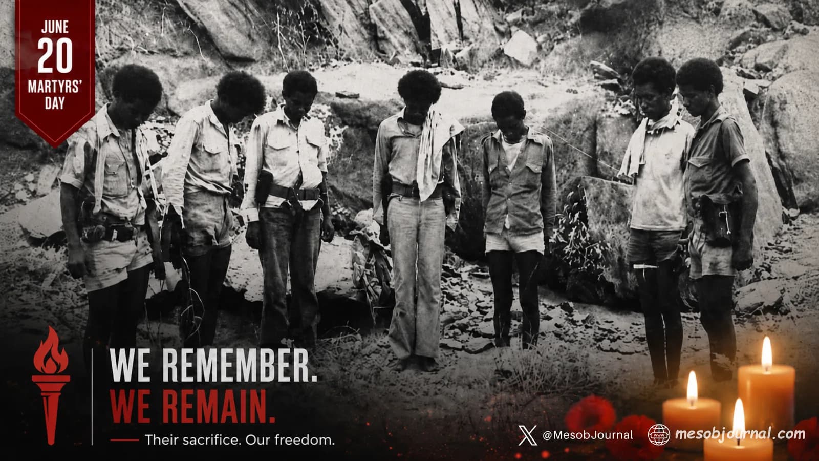 Historical black-and-white image of Eritrean freedom fighters standing in solemn tribute during a burial ceremony for a fallen comrade.