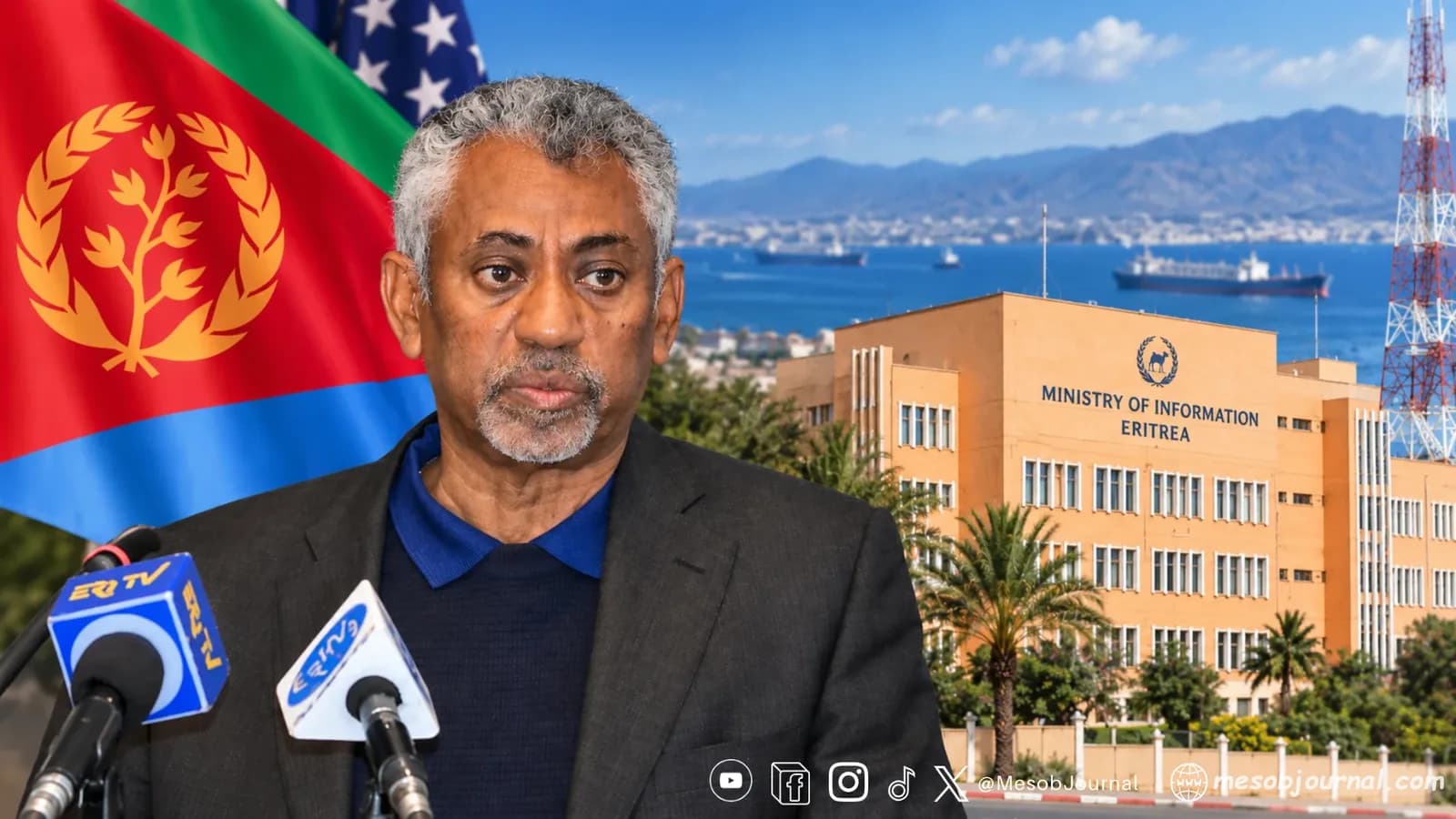 Composite: Eritrean Information Minister with Eritrean and U.S. flags and the Ministry of Information.