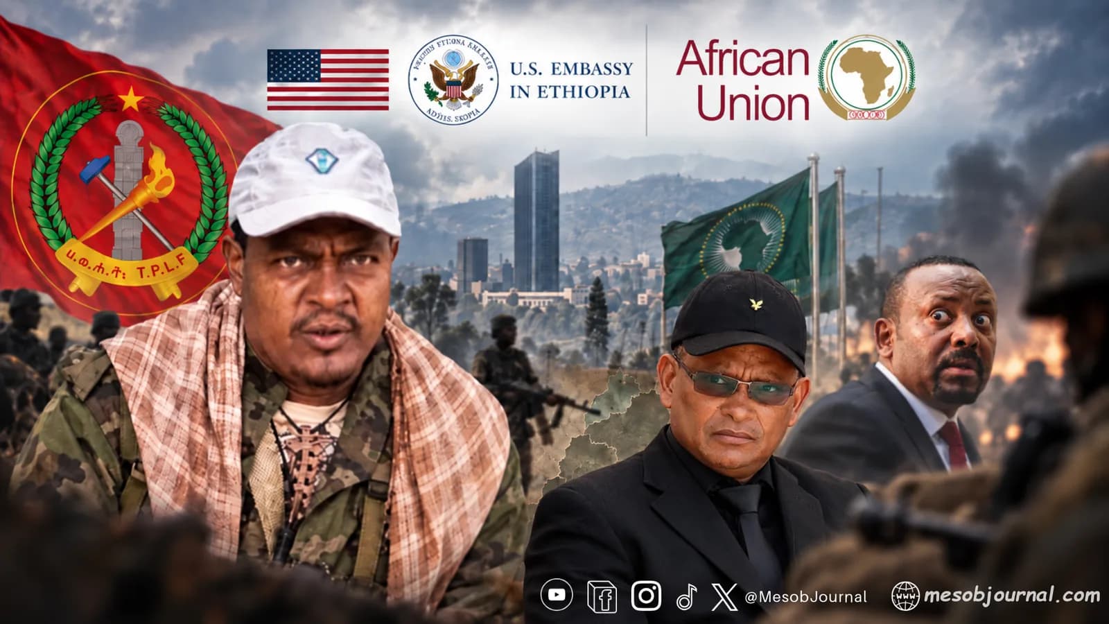 Composite image illustrating rising pressure on Ethiopia amid AU and U.S. intervention.