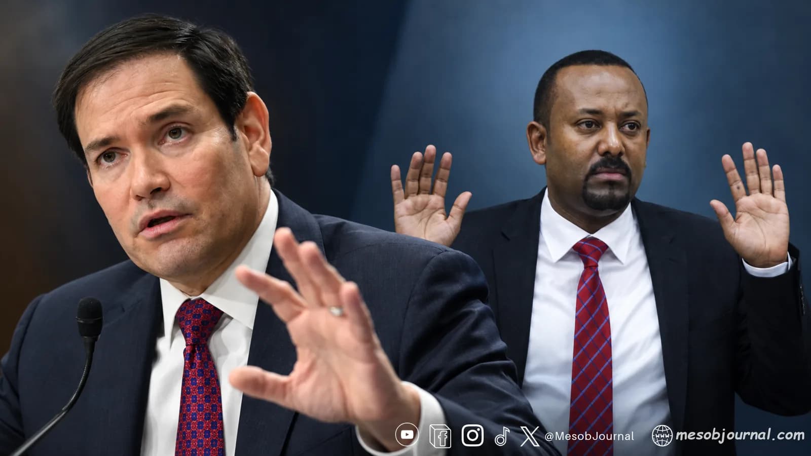 Composite of Marco Rubio speaking on the left and Abiy Ahmed with both palms raised on the right.