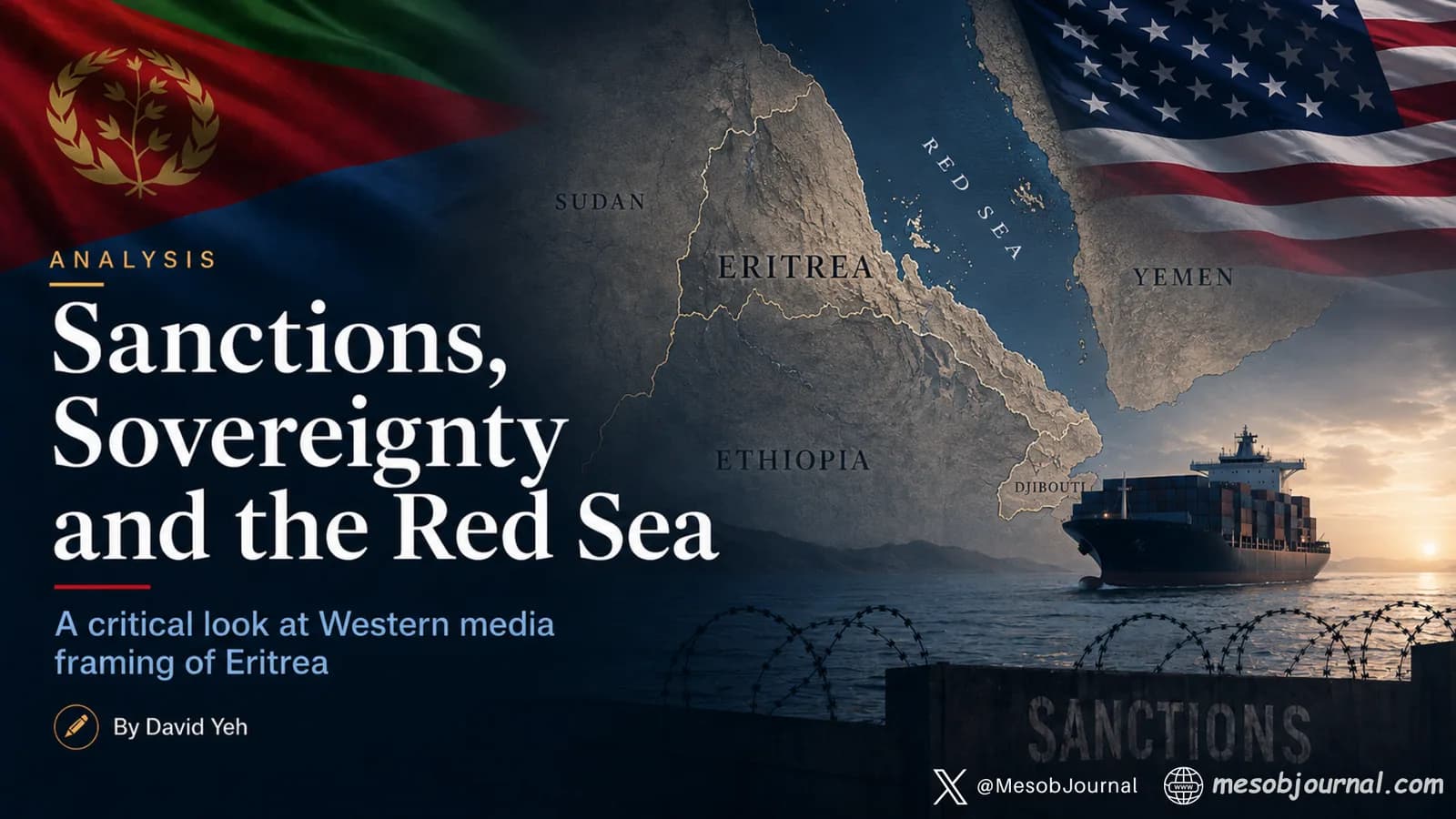 Editorial hero image showing Eritrea and the Red Sea on a regional map, with Eritrean and U.S. flags, a cargo ship, and sanctions imagery.