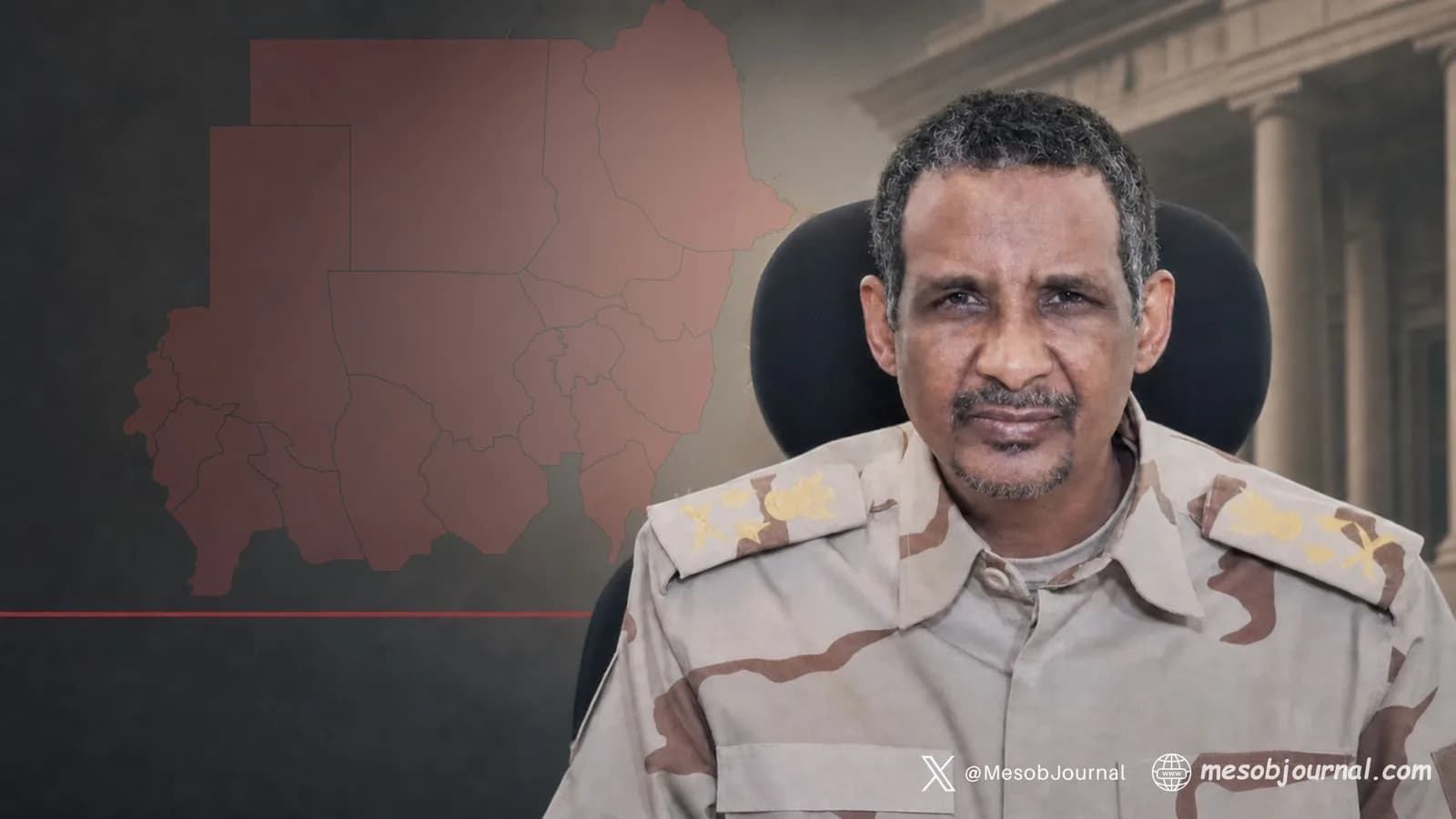 Hemedti beside a map of Sudan highlighting Darfur and courthouse columns.