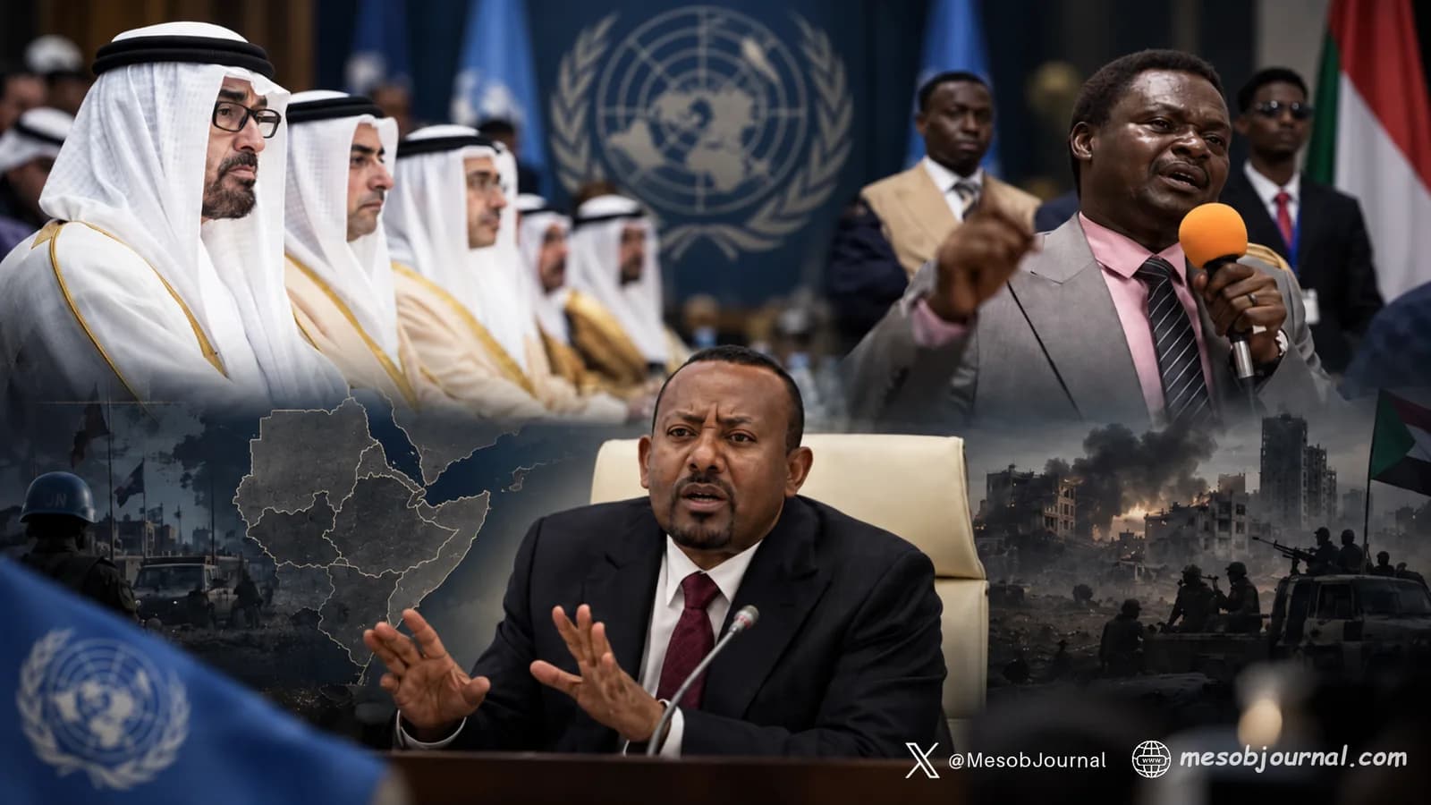 Composite image on UAE, Ethiopia, UN and Sudan conflict.
