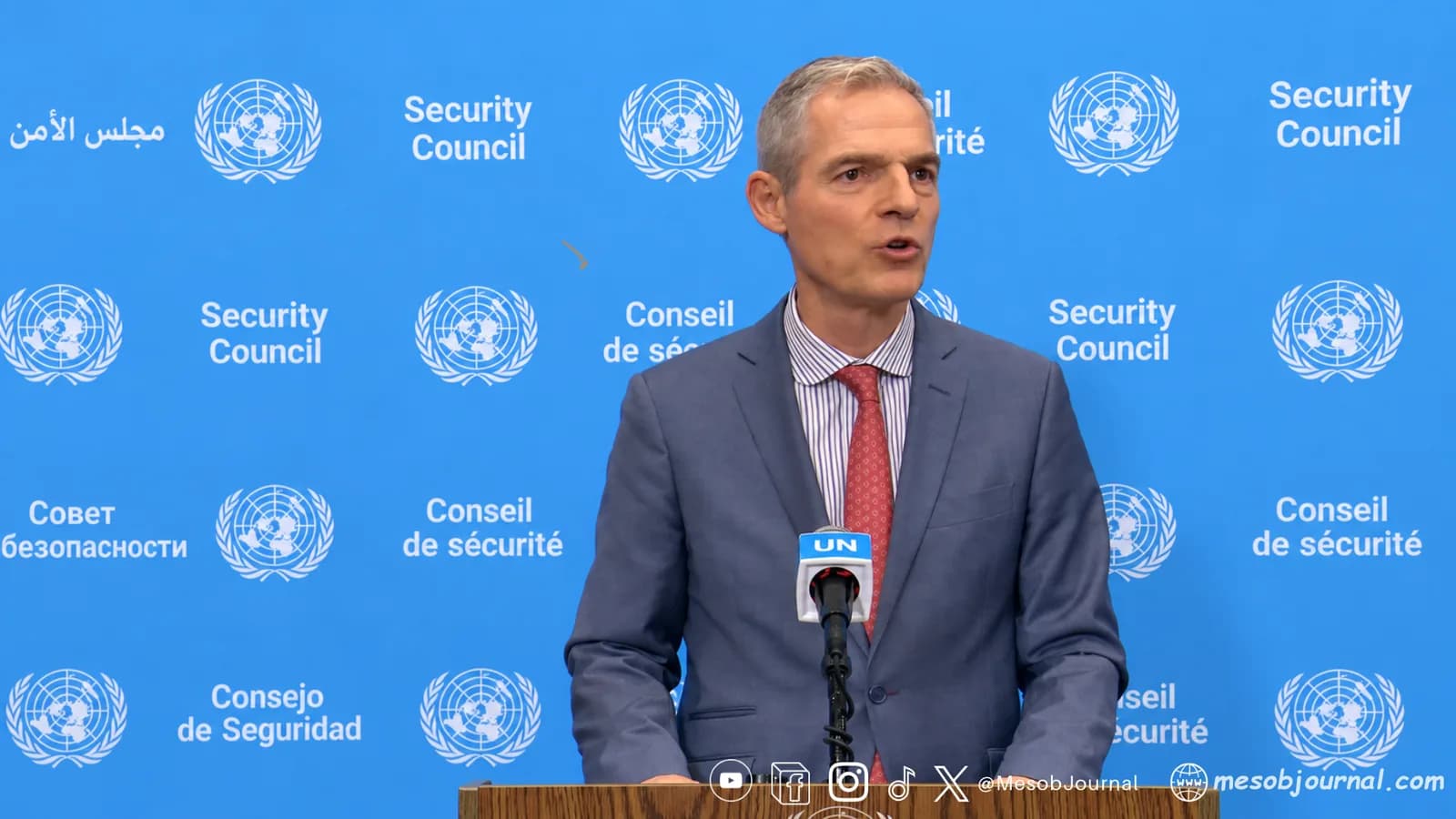 Jérôme Bonnafont speaking at a UN Security Council press briefing.