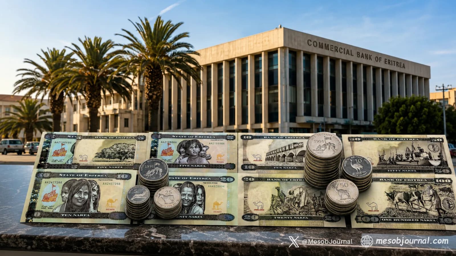 Eritrean Nakfa banknotes and coins displayed before the Commercial Bank of Eritrea.