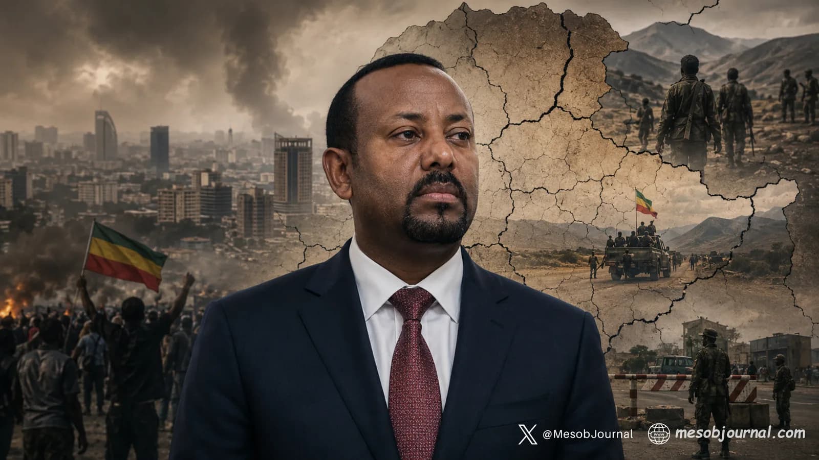 Abiy Ahmed before a fractured map of Ethiopia and scenes of unrest
