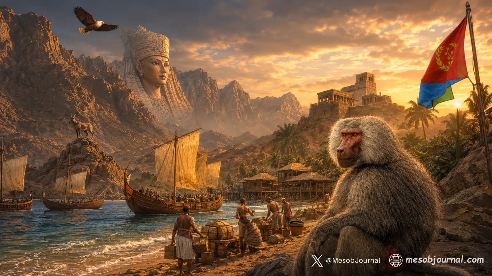 Ancient Red Sea harbor with ships, mountains and a baboon.