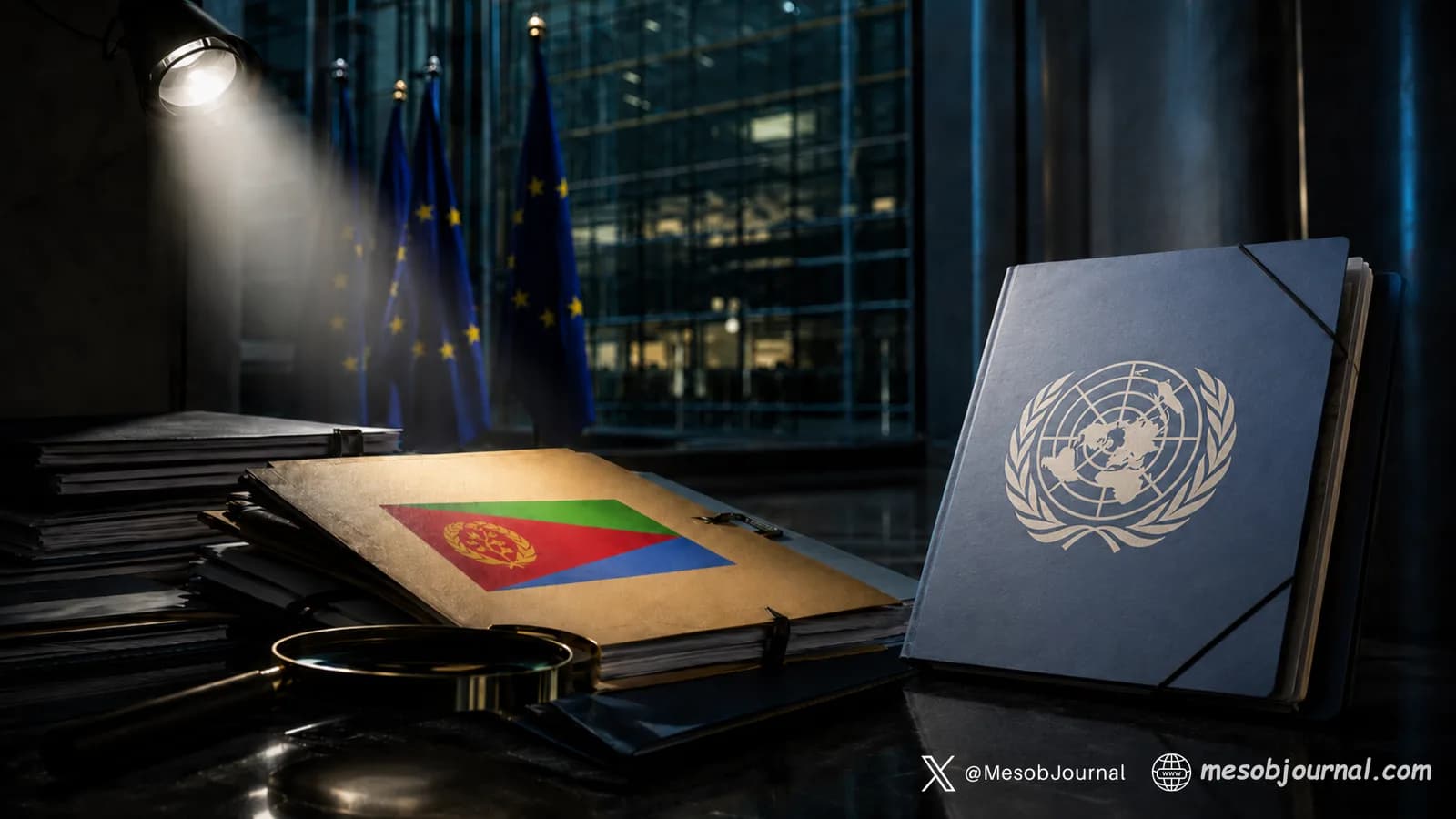 A UN-marked folder and Eritrea file sit under a spotlight