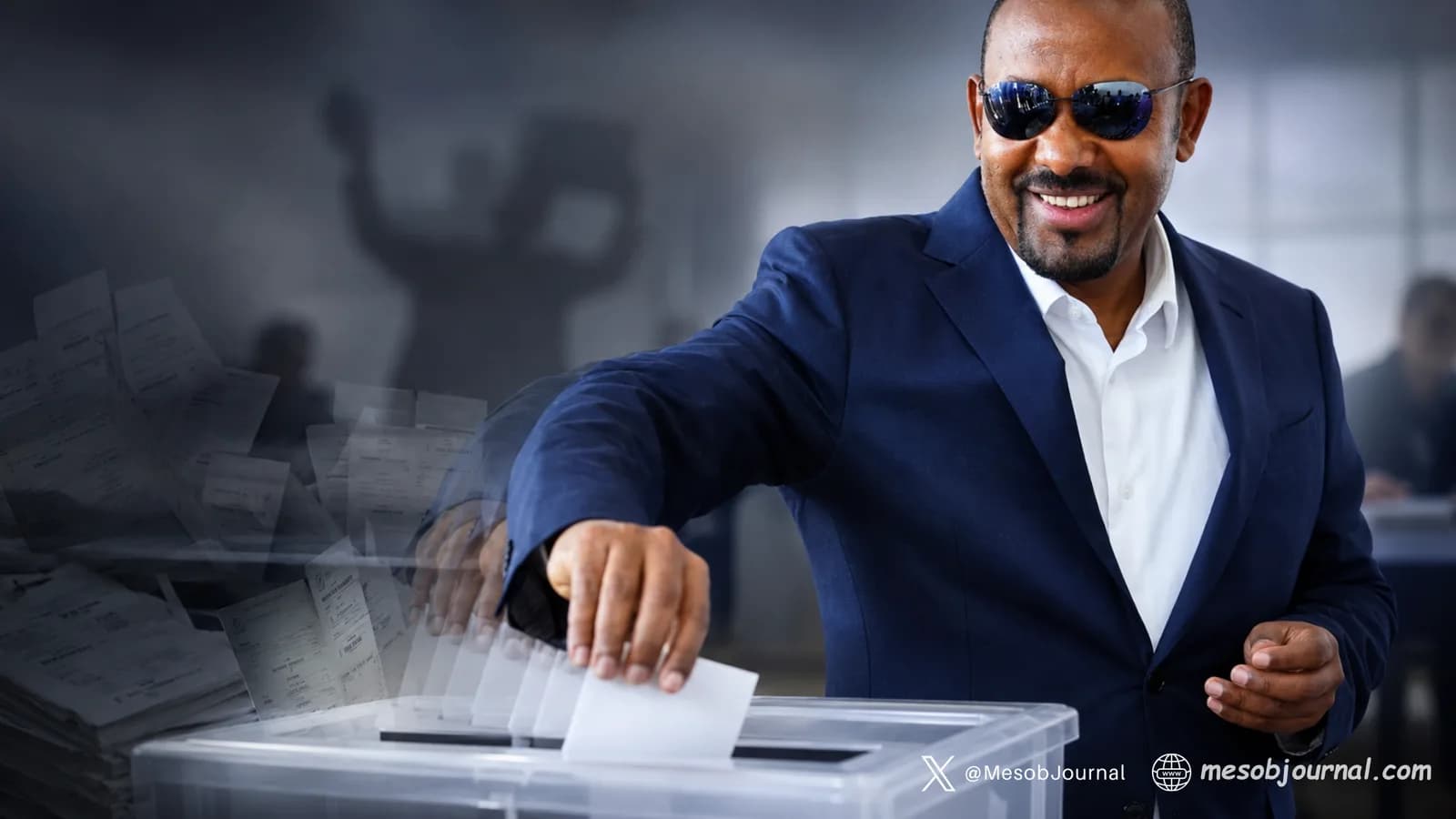 Abiy Ahmed casting a ballot in a stylized election image suggesting disputed voting.