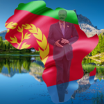 Composite: Eritrea's President Isaias Afwerki with Eritrean flagged Africa map.